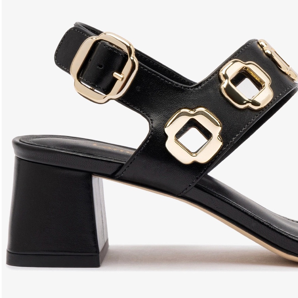 Larroude Milan Sandal In Black Leather with Gold Hardware - Picture 4 of 12
